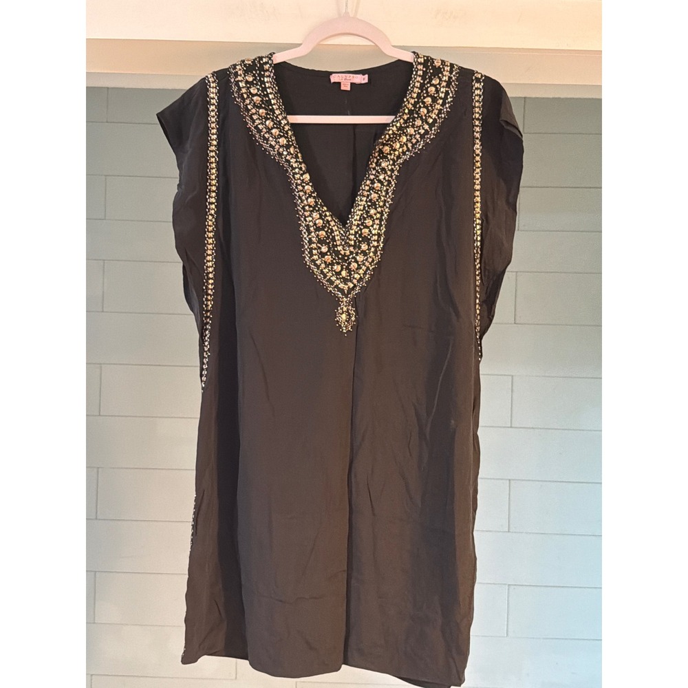 Calypso St. Barth Black 100% Silk Beaded Studded V-Neck Tunic Dress Medium